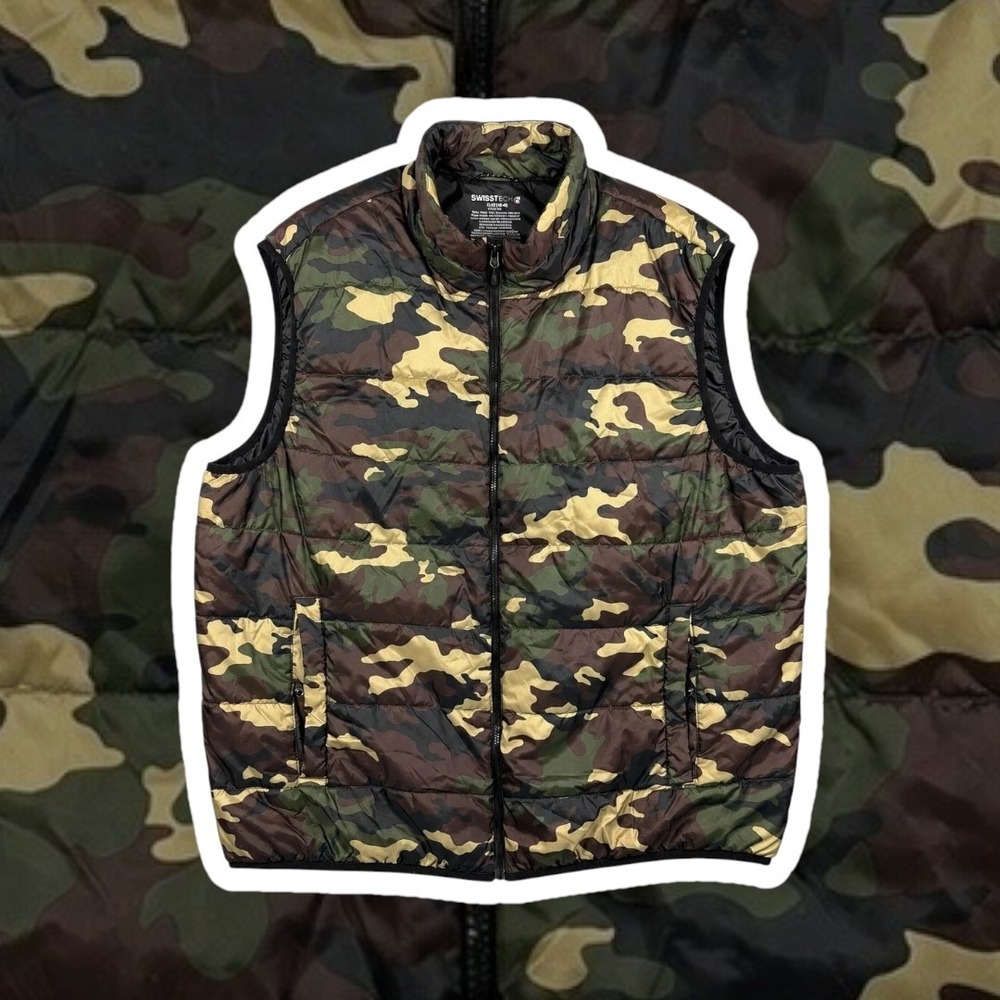 Swiss Tech Mens Camo Puffer Vest 2XL Green Brown Quilted Zip Up SM49604YPB
